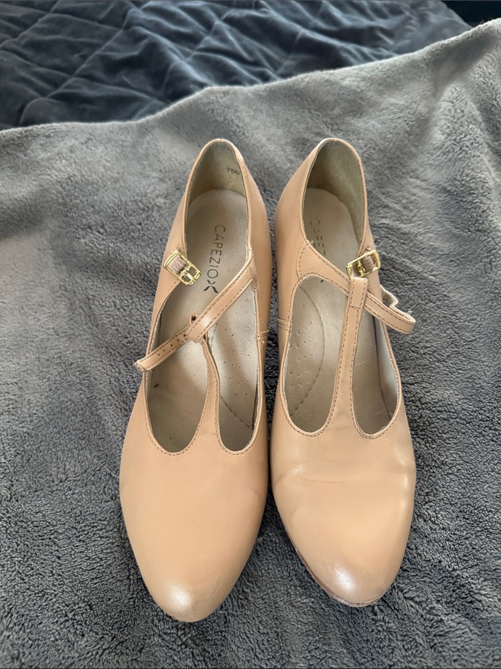Capezio Blush Nude T-Strap Heels with Gold Buckles